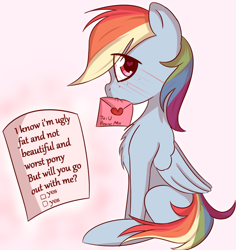 Size: 1274x1352 | Tagged: safe, artist:jonathan the awesome, derpibooru exclusive, rainbow dash, pegasus, pony, blatant lies, blushing, bronybait, chest fluff, cute, dashabetes, envelope, heart eyes, love letter, mouth hold, out of character, self loathing, simple background, solo, telling lies, wingding eyes, worst pony