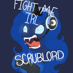 Size: 1700x1700 | Tagged: safe, artist:evehly, derpibooru import, edit, princess luna, alicorn, pony, angry, fangs, female, forked tongue, gamer luna, mare, open mouth, rage, solo, tongue out