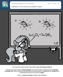 Size: 666x809 | Tagged: safe, artist:egophiliac, princess luna, alicorn, cat, pony, c:, chalkboard, chemistry, clothes, cute, filly, glasses, lab coat, lunabetes, monochrome, moonstuck, mouth hold, science, science woona, smiling, upside down, woona, younger