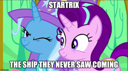 Size: 800x449 | Tagged: safe, derpibooru import, edit, screencap, starlight glimmer, trixie, pony, unicorn, no second prances, discovery family logo, female, lesbian, mare, shipping, startrix