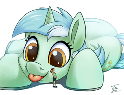 Size: 1500x1149 | Tagged: safe, artist:tsitra360, lyra heartstrings, human, pony, :p, clothes, cute, giant lyra heartstrings, giant pony, macro, mega lyra, micro, midriff, shoes, signature, simple background, size difference, socks, tongue out