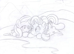 Size: 1500x1094 | Tagged: safe, artist:seenty, derpibooru import, starlight glimmer, trixie, pony, unicorn, female, lesbian, mare, monochrome, pencil drawing, shipping, startrix, traditional art