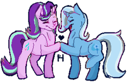 Size: 1230x799 | Tagged: safe, artist:hams5, derpibooru import, starlight glimmer, trixie, pony, unicorn, no second prances, eyes closed, female, heart, hoofbump, lesbian, mare, pixel art, shipping, smiling, startrix