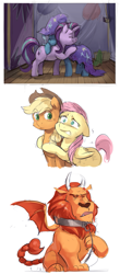 Size: 841x1920 | Tagged: safe, artist:audrarius, derpibooru import, applejack, fluttershy, starlight glimmer, trixie, earth pony, manticore, pegasus, pony, unicorn, no second prances, female, lesbian, mare, shipping, startrix