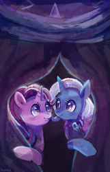 Size: 709x1100 | Tagged: safe, artist:cherivinca, derpibooru import, starlight glimmer, trixie, pony, unicorn, no second prances, female, lesbian, mare, shipping, startrix