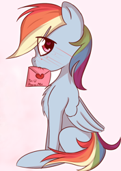 Size: 958x1352 | Tagged: safe, artist:jonathan the awesome, derpibooru exclusive, edit, rainbow dash, pegasus, pony, blushing, chest fluff, cute, dashabetes, envelope, female, heart eyes, looking at you, love letter, mare, mouth hold, simple background, smiling, solo, wingding eyes