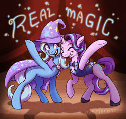 Size: 1200x1131 | Tagged: safe, artist:overlordneon, derpibooru import, starlight glimmer, trixie, pony, unicorn, no second prances, female, grin, leotard, lesbian, magician outfit, mare, shipping, smiling, stage, startrix, waving