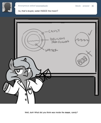 Size: 666x809 | Tagged: safe, artist:egophiliac, princess luna, alicorn, pony, bipedal, chalkboard, clothes, filly, glasses, glasses off, grayscale, lab coat, monochrome, moonstuck, science woona, shrug, solo, tumblr, woona, younger
