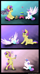 Size: 2730x5060 | Tagged: safe, artist:meze-diapason, princess flurry heart, oc, bat pony, pony, absurd resolution, blocks, comic, commission, eyes closed, laughing, magic, motion blur, open mouth, playing, rattle, sitting, toy