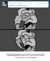 Size: 666x809 | Tagged: safe, artist:egophiliac, princess luna, alicorn, pony, ask, derp, filly, grayscale, majestic as fuck, monochrome, moonstuck, tumblr, woona, woonoggles, younger