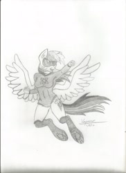 Size: 1700x2338 | Tagged: safe, artist:vesperce, derpibooru import, rainbow dash, anthro, unguligrade anthro, monochrome, solo, superhero, traditional art