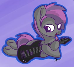 Size: 858x778 | Tagged: safe, artist:nwwe, oc, oc only, oc:raven aura, bat pony, pony, guitar, licking, solo, split tongue, tongue out