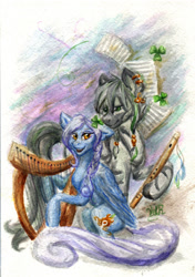 Size: 1024x1453 | Tagged: safe, artist:velvetrwings, oc, oc only, oc:patrick poe, oc:sunset songbird, pegasus, pony, zebra, duo, flute, harp, musical instrument, traditional art