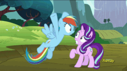 Size: 960x540 | Tagged: safe, artist:fureox, derpibooru import, edit, screencap, rainbow dash, starlight glimmer, trixie, pegasus, pony, unicorn, no second prances, animated, caption, discovery family logo, female, head scratch, lesbian, mare, scratching, shipper on deck, shipping, shockwave, sonic boom, startrix, text