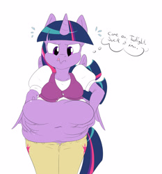Size: 2800x3000 | Tagged: safe, artist:anonopony, twilight sparkle, twilight sparkle (alicorn), alicorn, anthro, belly, belly button, belly grab, big belly, chubby, chubby twilight, fat, need to go on a diet, need to lose weight, obese, princess twilard, solo, squishy, sucking, thought bubble, tight clothing, too fat, twilard sparkle, wavy mouth