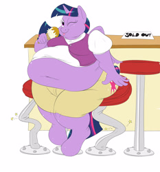 Size: 2800x3000 | Tagged: safe, artist:anonopony, twilight sparkle, twilight sparkle (alicorn), alicorn, anthro, unguligrade anthro, belly button, fat, food, furniture abuse, ice cream, morbidly obese, obese, one eye closed, princess twilard, sitting, solo, twilard sparkle, wink