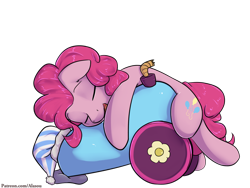 Size: 1400x1050 | Tagged: safe, artist:alasou, derpibooru import, pinkie pie, earth pony, pony, cute, female, hat, mare, nightcap, party cannon, patreon, simple background, sleeping, solo, transparent background