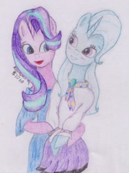 Size: 894x1200 | Tagged: safe, artist:marta4708, derpibooru import, starlight glimmer, trixie, pony, semi-anthro, unicorn, female, lesbian, shipping, startrix, traditional art