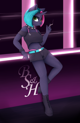 Size: 2291x3544 | Tagged: safe, artist:neighday, oc, oc only, oc:blackberry beat, anthro, unicorn, boots, clothes, female, fishnet stockings, mare, piercing, shorts, smoking, solo