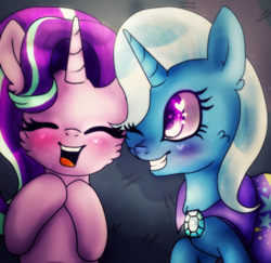 Size: 800x779 | Tagged: safe, artist:starchasesketches, derpibooru import, starlight glimmer, trixie, pony, unicorn, no second prances, best friends, blushing, female, grin, heart eyes, lesbian, mare, shipping, startrix, wingding eyes