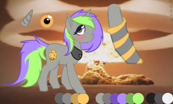 Size: 1600x961 | Tagged: safe, artist:mikoneerd, oc, oc only, oc:frenzy nuke, pony, unicorn, blushing, clothes, cloths, collar, color palette, explosion, looking at you, socks, template