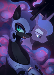 Size: 2220x3106 | Tagged: safe, artist:maren, derpibooru import, nightmare moon, princess luna, alicorn, pony, bedroom eyes, crying, duality, female, mare, open mouth, solo