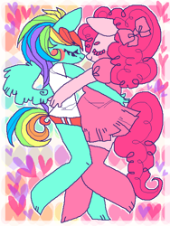 Size: 450x600 | Tagged: safe, artist:njeekyo, derpibooru import, pinkie pie, rainbow dash, anthro, unguligrade anthro, clothes, female, hug, lesbian, pinkiedash, shipping