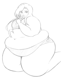 Size: 2045x2611 | Tagged: dead source, safe, artist:candyxxxholicxx, fluttershy, human, bbw, belly, belly grab, big belly, fat, fattershy, humanized, kneeling, monochrome, obese, solo, ssbbw, wide hips