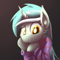 Size: 1200x1200 | Tagged: safe, artist:cheshiresdesires, lyra heartstrings, pony, unicorn, clothes, ear fluff, gradient background, looking down, raised eyebrow, smiling, solo, sweater