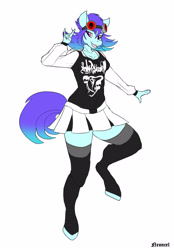 Size: 3475x5000 | Tagged: safe, artist:neoncel, oc, oc only, oc:raven mcchippy, anthro, unguligrade anthro, clothes, female, goggles, hoodie, mare, miniskirt, pleated skirt, skirt, socks, solo, thigh highs, zettai ryouiki