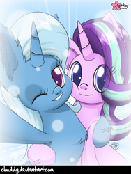 Size: 602x800 | Tagged: safe, artist:clouddg, derpibooru import, starlight glimmer, trixie, pony, unicorn, no second prances, best friends, bff, chest fluff, cute, diatrixes, female, glimmerbetes, hug, impossibly large ears, lesbian, mare, one eye closed, selfie, shipping, signature, startrix, wink
