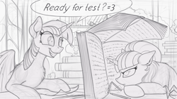 Size: 2250x1265 | Tagged: safe, artist:yakovlev-vad, derpibooru import, starlight glimmer, twilight sparkle, twilight sparkle (alicorn), alicorn, pony, book, book fort, chest fluff, dialogue, female, fluffy, grin, mare, monochrome, origami, pencil, pencil snap, sketch, speech bubble, unamused