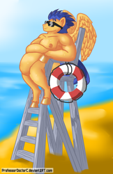 Size: 2752x4242 | Tagged: safe, artist:professordoctorc, flash sentry, anthro, unguligrade anthro, arm hooves, beach, belly button, bhm, big belly, clothes, fat, flab sentry, morbidly obese, obese, solo, sunglasses, sweat, swimsuit