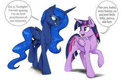 Size: 1190x770 | Tagged: safe, artist:silfoe, derpibooru import, princess luna, twilight sparkle, twilight sparkle (alicorn), alicorn, pony, cutie mark, dialogue, eyes on the prize, female, flirting, insult, lesbian, mare, pun, royal sketchbook, shipping, twiluna, vulgar