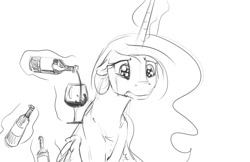 Size: 1190x770 | Tagged: safe, artist:silfoe, derpibooru import, princess celestia, alicorn, pony, alcohol, crying, grayscale, monochrome, royal sketchbook, sad, solo, wine, wine glass