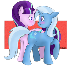 Size: 1024x955 | Tagged: safe, artist:sivra1885, derpibooru import, starlight glimmer, trixie, pony, unicorn, blushing, female, lesbian, mare, shipping, startrix