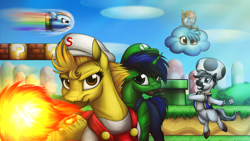 Size: 3840x2160 | Tagged: safe, artist:lupiarts, rainbow dash, spitfire, oc, oc:curly mane, oc:lukida, oc:lupi, oc:lupiarts, oc:snoopy stallion, ? block, bullet bill, cloud, contest entry, crossover, fire, fireball, lakitu, lakitu cloud, luigi, lupy, mario, power-up, species swap, spiny (nintendo), super mario bros., toad (mario bros)