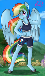 Size: 1200x2000 | Tagged: safe, artist:jack-pie, derpibooru import, rainbow dash, anthro, unguligrade anthro, belly button, clothes, flexing, midriff, solo, sports bra, sports shorts, spread wings, unshorn fetlocks