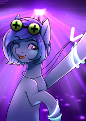 Size: 2894x4093 | Tagged: safe, artist:chickenbrony, oc, oc:raven mcchippy, earth pony, pony, female, goggles, rave, solo