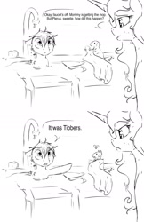 Size: 1280x1972 | Tagged: safe, artist:silfoe, princess luna, tiberius, oc, oc:pterus, bat pony, pony, adopted offspring, betrayal, black and white, blatant lies, dialogue, floppy ears, grayscale, kitchen sink, monochrome, other royal book, parent:princess luna, parent:twilight sparkle, parents:twiluna, simple background, speech bubble, white background