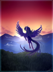 Size: 1700x2300 | Tagged: safe, artist:rebeccabluebreeze, twilight sparkle, twilight sparkle (alicorn), alicorn, pony, flying, forest, mountain, scenery, solo, twilight (astronomy)