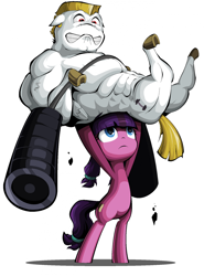 Size: 850x1147 | Tagged: artist needed, safe, bulk biceps, lily longsocks, earth pony, pegasus, pony, background pony, barbell, female, filly, lifting, male, simple background, stallion, strong, super strength