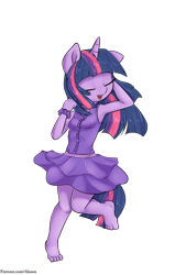 Size: 1050x1650 | Tagged: safe, artist:alasou, derpibooru import, twilight sparkle, anthro, plantigrade anthro, arm behind head, armpits, barefoot, clothes, dancing, dress, eyes closed, feet, open mouth, patreon, simple background, smiling, solo, transparent background