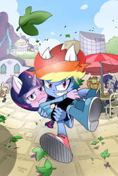 Size: 1274x1900 | Tagged: safe, artist:0ndshok, derpibooru import, applejack, fluttershy, rainbow dash, rarity, twilight sparkle, anthro, archie comics, blushing, carrying, comic cover, crossover, embarrassed, female, lesbian, parody, rarijack, shipping, sonic the hedgehog, sonic the hedgehog (series), sonicified, twidash