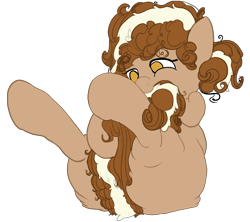 Size: 1440x1280 | Tagged: safe, artist:gergta, artist:littlebrownzebraicarus, oc, oc only, oc:lil' debbie, oc:oatmeal creme, food pony, original species, empty eyes, fat, no catchlights, no pupils, nom, oatmeal creme pie, obese, simple background, strategically covered, tail censor, transparent background