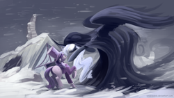 Size: 3840x2160 | Tagged: safe, artist:underpable, derpibooru import, princess luna, snowfall frost, starlight glimmer, alicorn, pony, unicorn, a hearth's warming tail, clothes, curved horn, duo, female, floppy ears, frown, glowing eyes, hat, mare, pointing, raised hoof, scared, scene interpretation, spirit of hearth's warming yet to come, underhoof, wide eyes