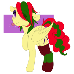 Size: 1280x1280 | Tagged: safe, artist:rue-willings, oc, oc only, oc:attraction, pegasus, pony, :p, blushing, clothes, femboy, male, pfft, raspberry, socks, solo, striped socks, tongue out, trap