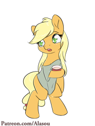 Size: 1050x1400 | Tagged: safe, artist:alasou, derpibooru import, applejack, earth pony, pony, bipedal, clothes, cute, jackabetes, open mouth, patreon, shirt, simple background, solo, transparent background