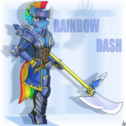 Size: 894x894 | Tagged: safe, artist:mopyr, derpibooru import, rainbow dash, anthro, armor, helmet, polearm, solo, weapon