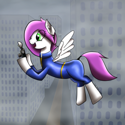Size: 2000x2000 | Tagged: safe, artist:treble sketch, oc, oc only, oc:lavender sunrise, pegasus, pony, fallout equestria, camera, city, cityscape, commission, female, flying, mare, smiling, solo, vault suit